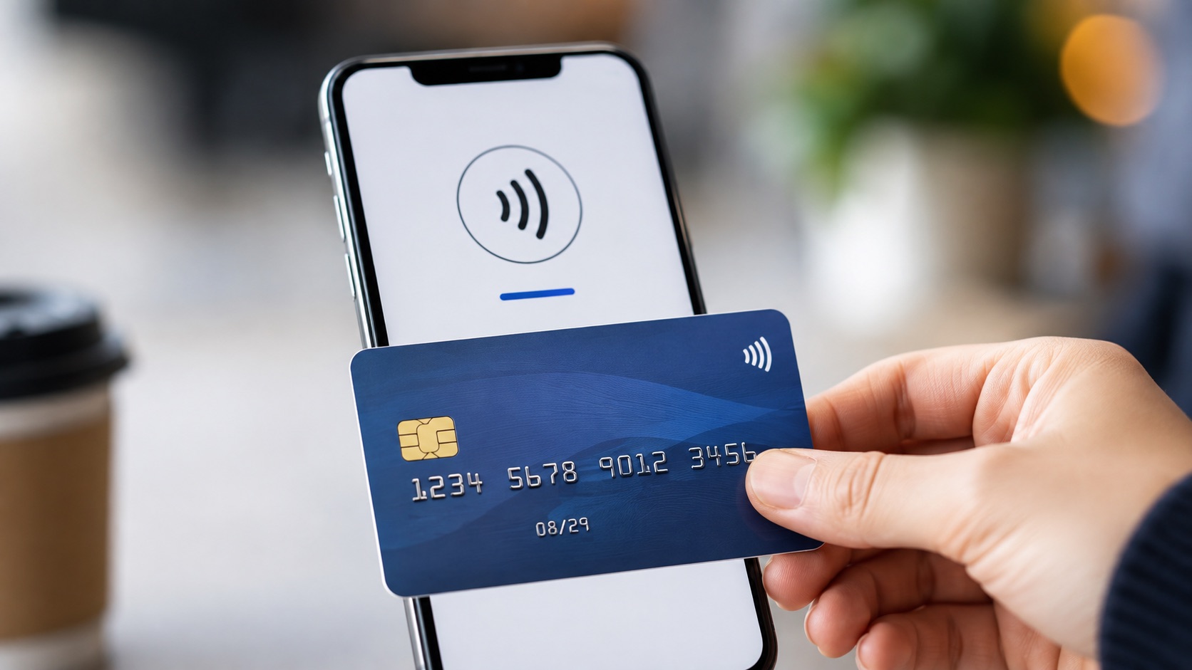 A customer paying by tapping a contactless credit card against a phone